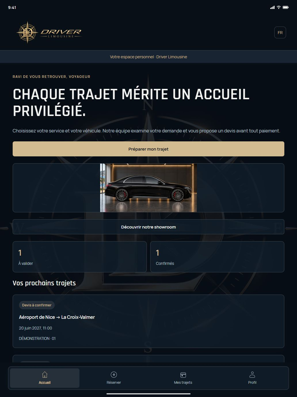 Accueil de l’espace client Driver Limousine sur iPad, avec des trajets fictifs