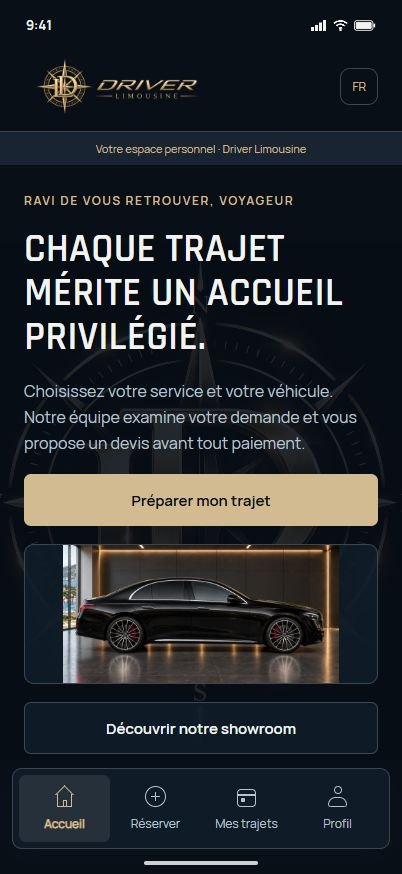Accueil de l’espace client Driver Limousine sur iPhone, avec des trajets fictifs