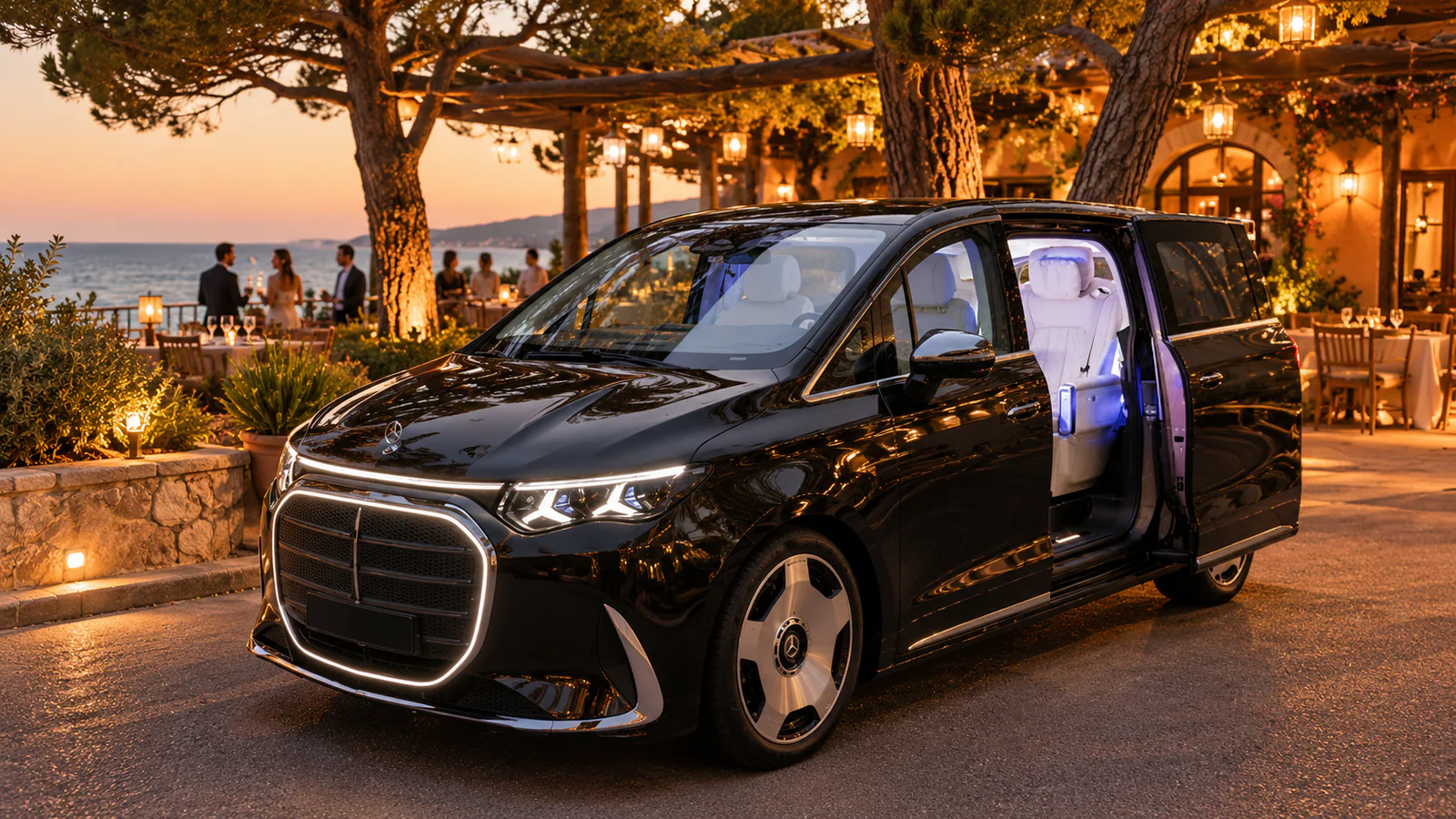 Van Mercedes noir, porte ouverte sur un intérieur clair avec sièges VIP, lors d’une réception à la Brigantine à La Croix-Valmer