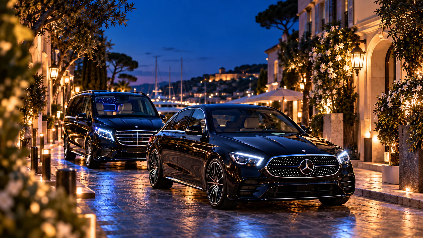 Berline Mercedes noire et van VIP au ciel étoilé, dans une ruelle du golfe de Saint-Tropez à la tombée de la nuit