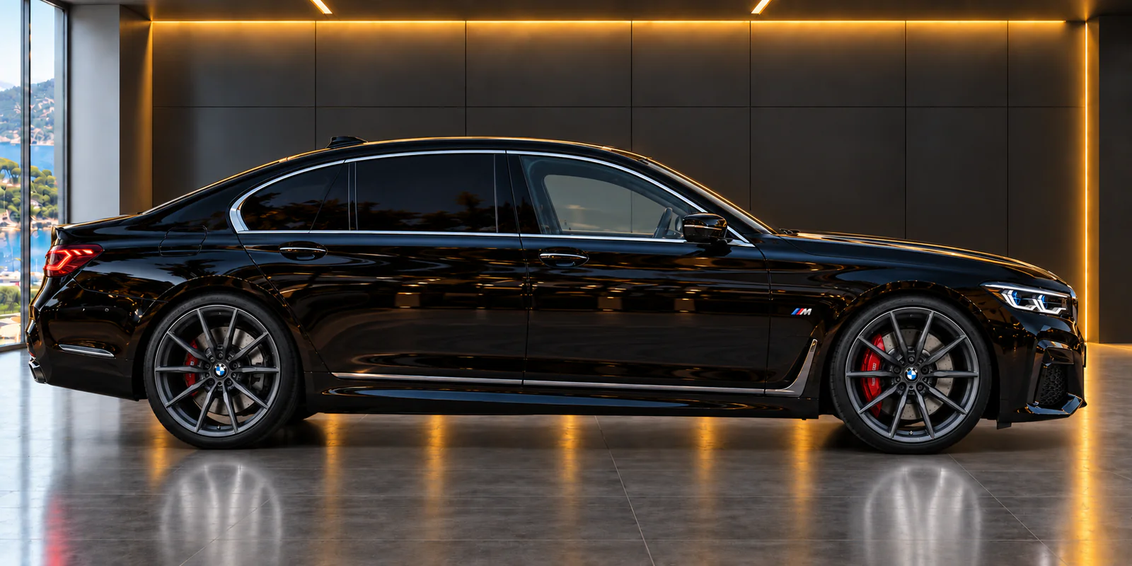 BMW Série 7 noire de profil, jantes foncées et étriers rouges, dans le showroom aux éclairages dorés