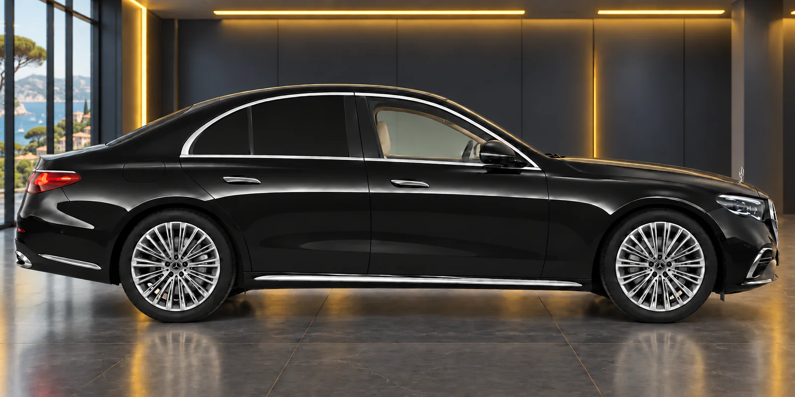 Mercedes Classe E noire vue de profil dans un showroom aux éclairages dorés