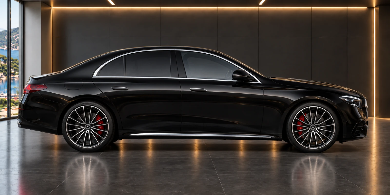 Driver Limousine black Mercedes E-Class, side view in the showroom