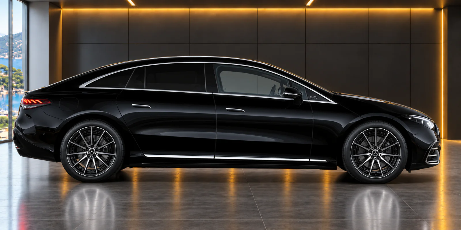 Mercedes EQS noire de profil dans un showroom aux éclairages dorés