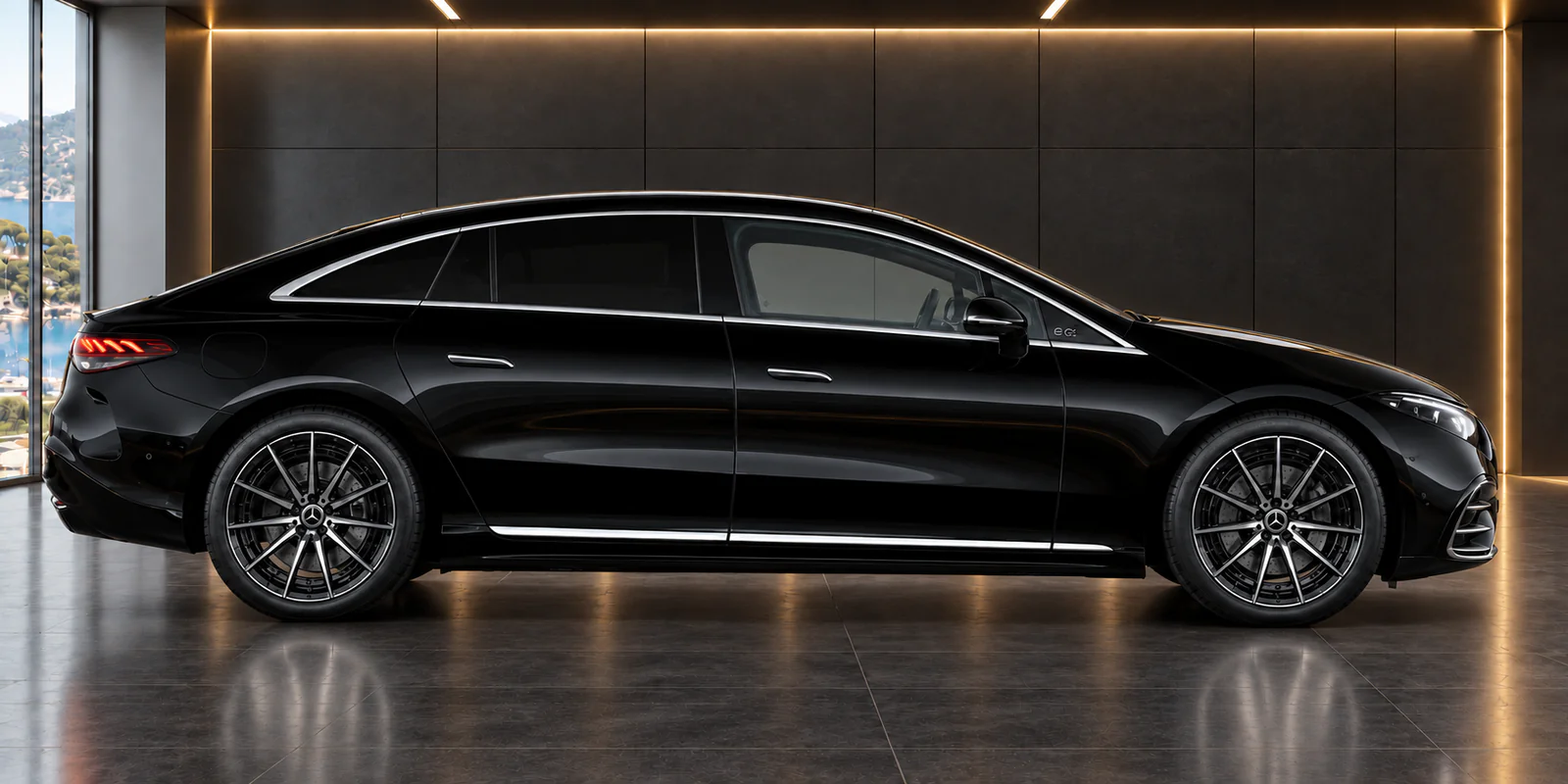 Black Mercedes EQS in side profile in a showroom with gold lighting