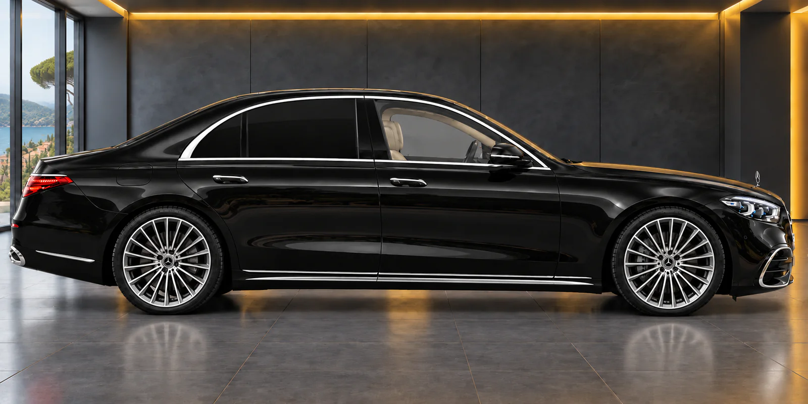 Mercedes Classe S noire reprenant le modèle de la couverture de Gigaro, vue de profil dans un showroom doré