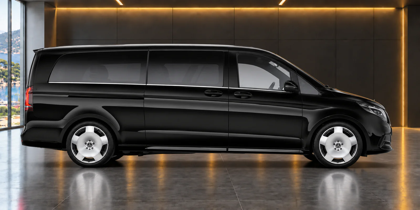 Mercedes Classe V noire, jantes pleines et vitres arrière teintées, vue de profil dans un showroom doré