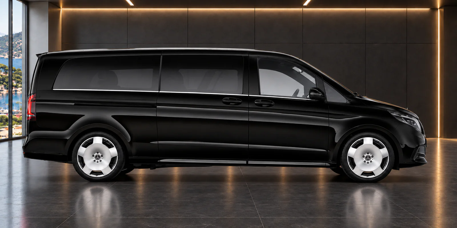 Black Mercedes V-Class with full-face wheels and tinted rear windows, in side profile in a gold-lit showroom
