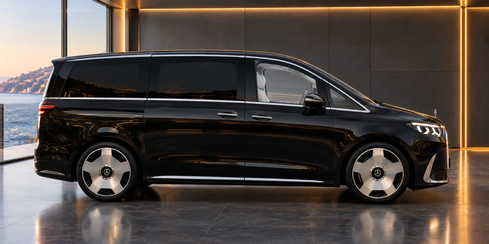 Mercedes VLE noir avec intérieur clair, vue de profil dans un showroom aux éclairages dorés